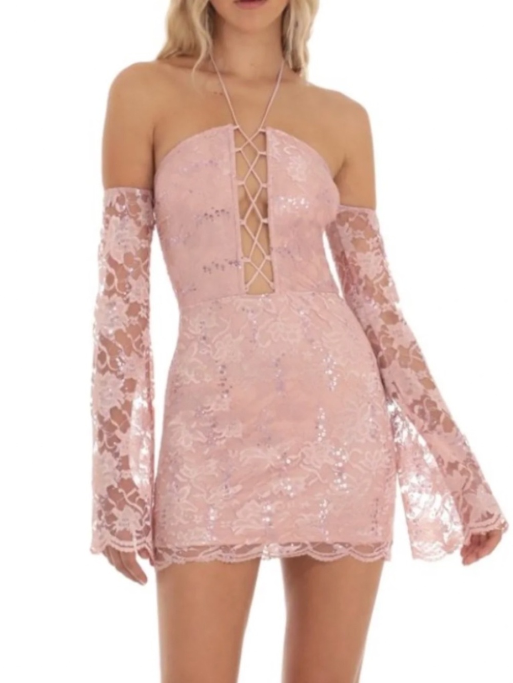 Lucy in the Sky Lace Sequin Off Shoulder Dress in Dusty Rose